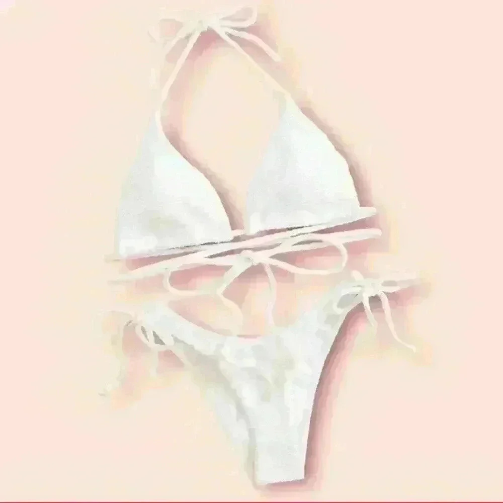 NWT Textured Triangle Wrap Around Solid White Tie Bikini SET